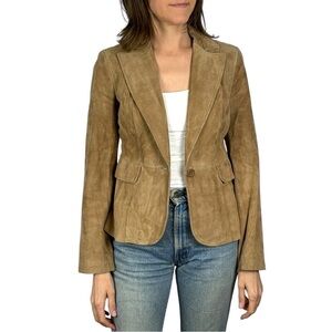 ANN TAYLOR LOFT SUEDE LEATHER TAN RETRO SINGLE BUTTON COLLARED BLAZER JACKET